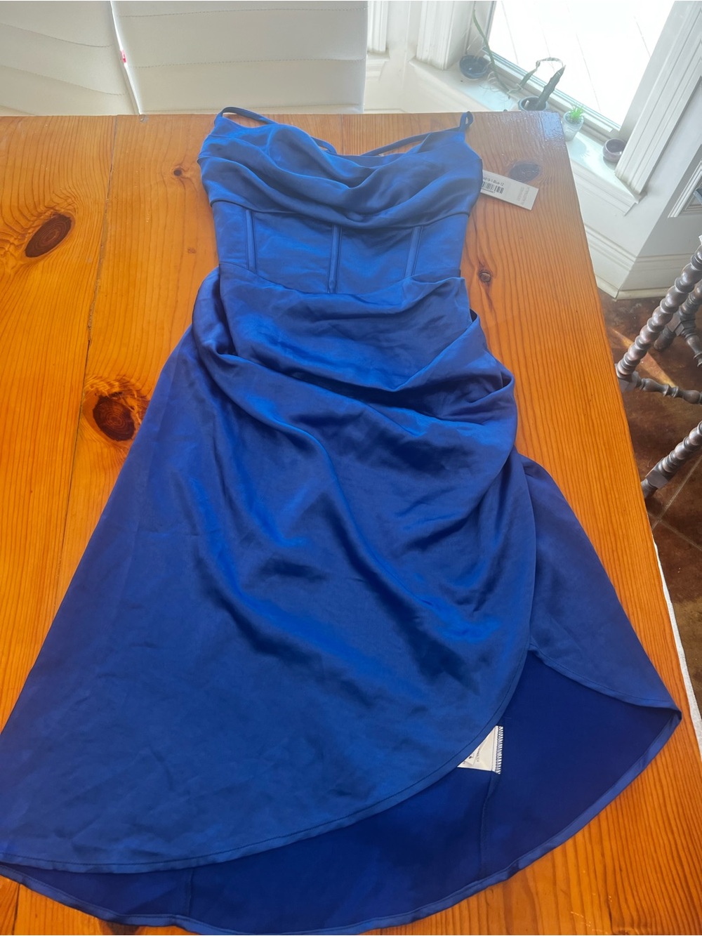 Royal Blue Satin High-Low Evening Dress with Draped Bodice